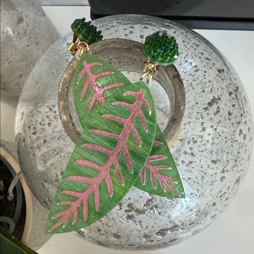 Green and Pink Leaf Earrings